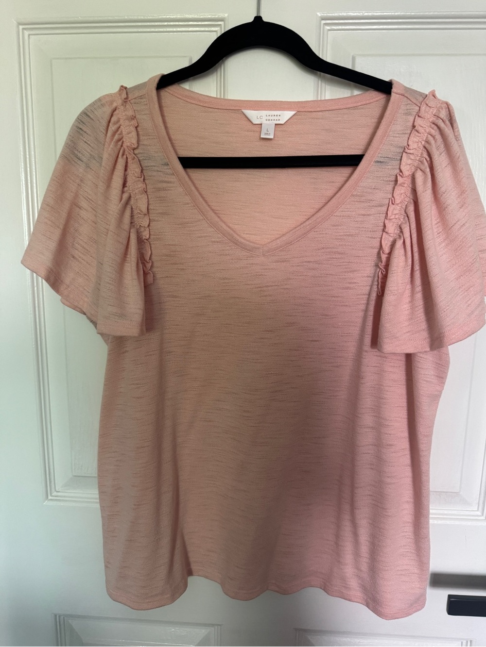 LC Lauren Conrad Blush Pink V-Neck Short Sleeve Top with Ruffle Shoulders